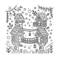 Vector drawing of a house - Cute & Cozy Coloring Book for Relaxation and Creativity. Coloring Pages for Kids & Adults, Easy, line art vector illustration