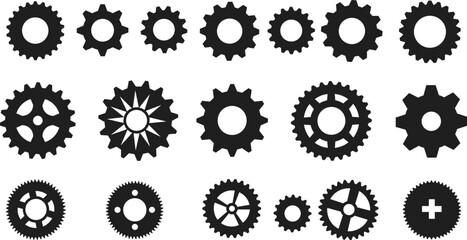 Set of 20 black gear icons, mechanical cogwheels, industrial machinery parts, technology symbols, vector illustrations on white background