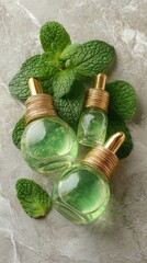 Three small, clear glass bottles with green liquid and gold droppers, surrounded by fresh mint leaves on a light gray marble surface
