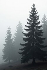Fototapeta premium Misty morning, grayscale image of towering spruce trees , monochrome, graphic
