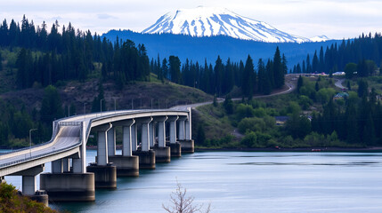 Long transport concrete interstate Glenn L Jackson Memorial Bridge over the Columbia River overlooking Mount Hood