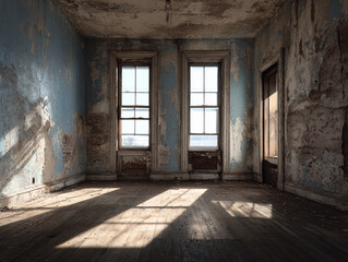 Obraz premium Abandoned house interior old room with peeling paint and sunlight through the windows architecture