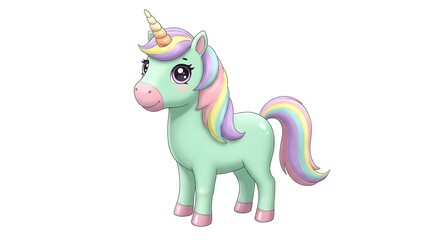 Charming mint green unicorn with a pastel rainbow mane and tail standing on a white background.