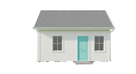 A pristine isolated traditional cottage with white clapboard, grey roof, and vibrant teal door, on manicured grass against a transparent background, concept of dream home