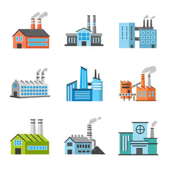 Obraz premium Illustration of nine different factory buildings with smoking chimneys on transparet background,png