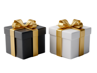 Black and white gift boxes with gold ribbon present for birthday christmas and special occasion celebration