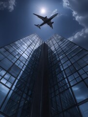 Fototapeta premium Airplane flying over modern skyscrapers under bright sun