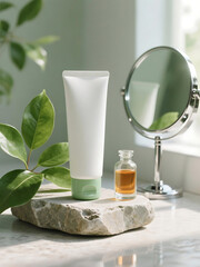 Blank white cosmetic tube and glass serum bottle on a stone with a plant and mirror.