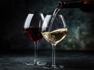 Naklejka premium Pouring white wine into glass next to red wine still life dark background wine photography aesthetic elegant