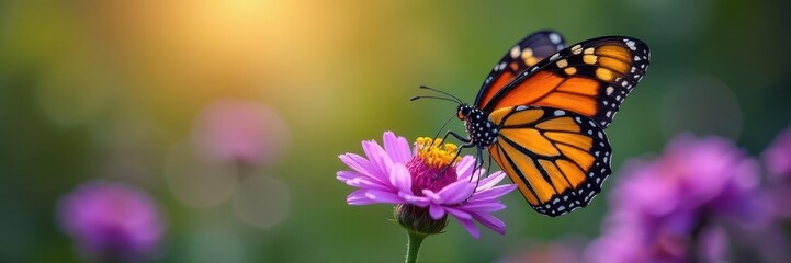 Fototapeta premium A monarch butterfly delicately feeding on a vibrant purple flower , close-up, sweet, purple