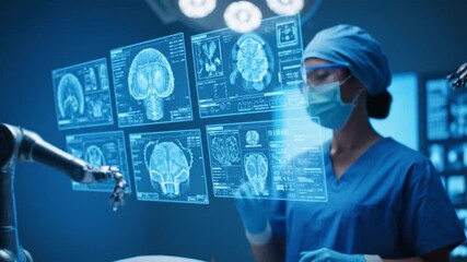 Asian Surgeon Analyzing Holographic Brain Scans with Advanced Robotic Assistance in Modern Operating Room Setting Bathed in Blue Light Representing Cutting Edge Medical Technology and Innovation - Powered by Adobe