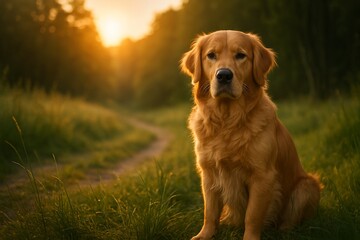 A golden retriever sits calmly in a meadow at sunset, surrounded by soft golden light and forest scenery. This realistic image was created with AI assistance.