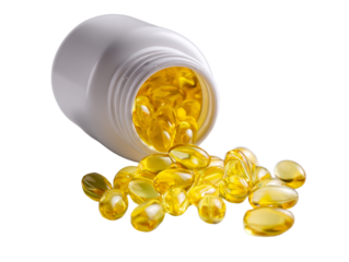 Omega supplements softgels spilling from bottle for health and wellness nutrition concept remedy diet aid