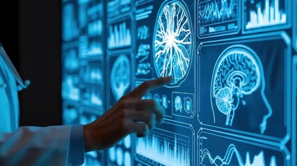 A doctor points to a bright blue digital screen showcasing brain scans data visualizations and complex graphs Medical research futuristic technology modern healthcare setting - Powered by Adobe