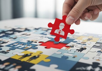 Hand placing a red jigsaw piece with a person icon onto a puzzle board, indicating concept of staffing and human resources
