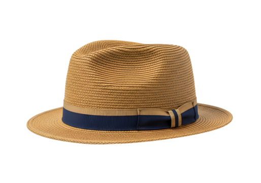 Elegant straw fedora hat with navy ribbon and bow on black background for summer fashion accessory - Powered by Adobe