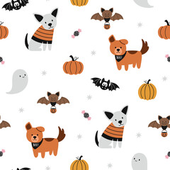 Happy Halloween vector seamless pattern. Cute dog, pumpkin, bat and candies on a white background. Halloween dog illustration in flat style.