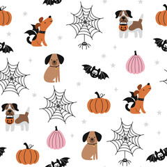 Happy Halloween vector seamless pattern. Cute dog, pumpkin, bat and spider web on a white background. Halloween dog illustration in flat style.
