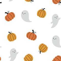 Happy Halloween vector seamless pattern. Cute ghost and pumpkin on a white background. Halloween illustration in flat style.