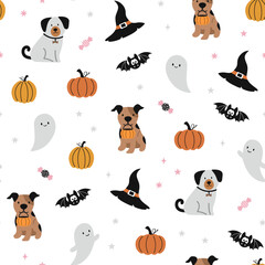 Happy Halloween vector seamless pattern. Cute dog, pumpkin, ghost on a white background. Halloween dog print in flat style.