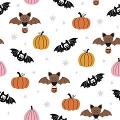 Happy Halloween vector seamless pattern. Cute bat, pumpkin on a white background. Halloween illustration in flat style.