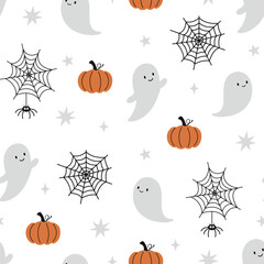 Happy Halloween vector seamless pattern. Cute ghost, pumpkin and spider web on a white background. Halloween illustration in flat style.