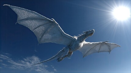 White dragon soaring, sunlit sky