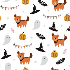 Happy Halloween vector seamless pattern. Cute dog, pumpkin, candies, ghost on a white background. Halloween dog print in flat style.