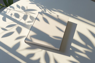 Blank closed book mockup lying on a clean white table, soft natural sunlight casting artistic leaf shadows across the surface