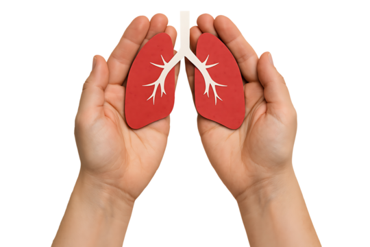 Hands holding paper lungs model, lung health protection, respiratory care, world lung day awareness, medical support concept Isolated on transparent background