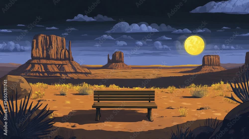 Wall mural a view of a bench with a view of buttes and the moon in the evening. 4k animated video