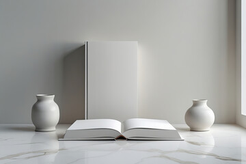 A serene interior scene featuring an open book at the foreground on a glossy, marble table.