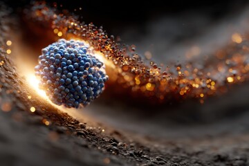 Microscopic view of a nanoparticle cluster with sparks and energy against a dark background