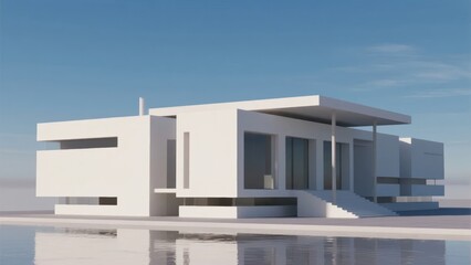 Modern White Architectural Structure with Reflective Water Surrounding