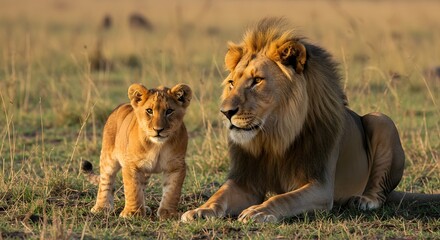 Fototapeta premium Majestic Lion and Cub in the African Savannah A Symbol of Strength and Family Bond