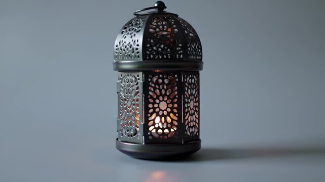 Intricate Metallic Lantern Glowing Warmly on a Clean Gray Backdrop Creating Soft Shadows