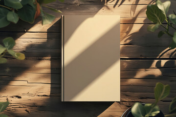 Top view of a blank closed book mockup placed diagonally on a rustic wooden desk, surrounded by soft morning sunlight and subtle plant shadows
