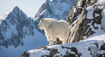 Naklejka premium Mountain Goat Standing on a Snowy Rocky Mountain Peak in Winter