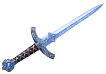 Fantasy enchanted sword with intricate rune carvings and glowing blue gemstone handle design