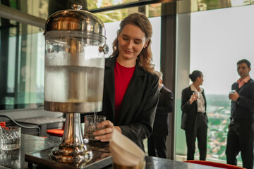Rooftop hotel party for business clients, businesswoman enjoying rooftop bar at luxury hotel sophisticated atmosphere and networking opportunities.