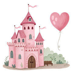 Fototapeta premium a pink castle with a pink roof and a pink heart s