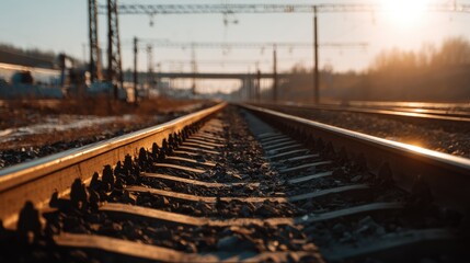 Fototapeta premium Railroad tracks extending into golden sunset