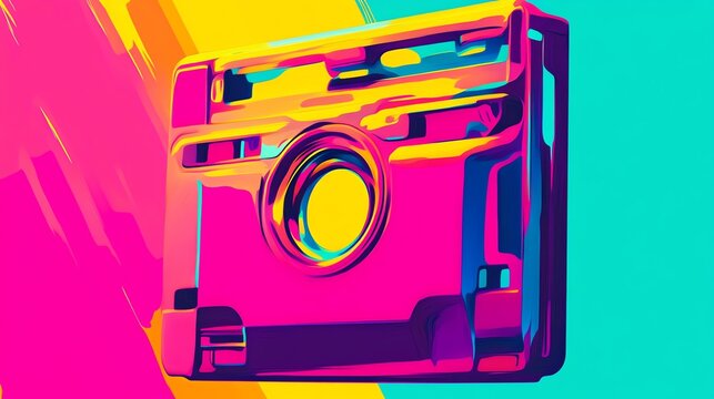 A vibrant, stylized illustration of a camera in bold pink, yellow, and blue colors against a contrasting background.