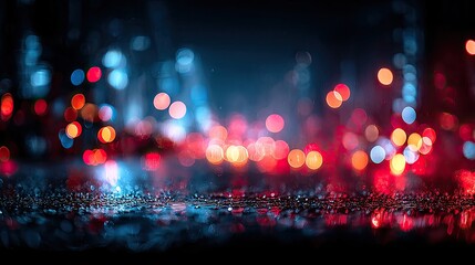 Night city lights bokeh on wet pavement