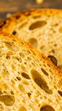 Close-up view of a delicious artisan bread crumb.