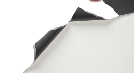 Textured dark material peeling back with torn edge revealing smooth bright white surface with copy space, clean studio flat lay, concept of unveiling new opportunities