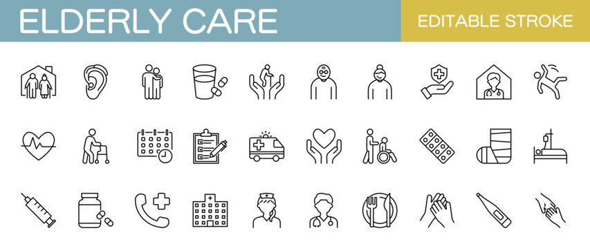 Elderly care line icon set – Includes senior, nursing home, hospital  and medical. Editable stroke. Vector illustration.