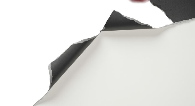Textured dark material peeling back with torn edge revealing smooth bright white surface with copy space, clean studio flat lay, concept of unveiling new opportunities