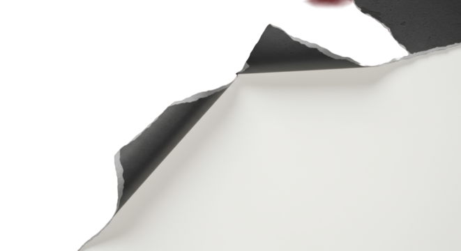 Textured dark material peeling back with torn edge revealing smooth bright white surface with copy space, clean studio flat lay, concept of unveiling new opportunities