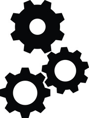 Three black gear icons, mechanical cogwheel vector, industrial settings symbol, engineering parts illustration, process system design for automation and configuration